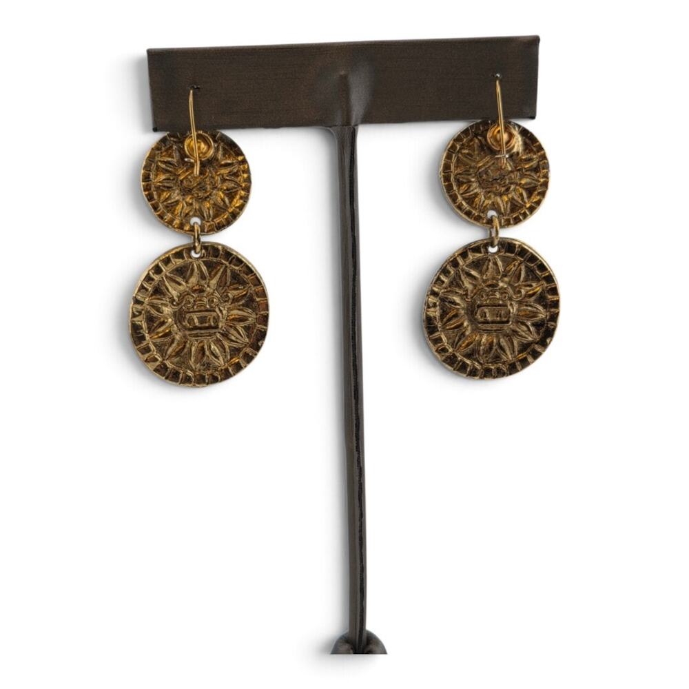 Vintage Aztec Mayan Calendar Medallion Dangle Earrings Gold Tone Pierced